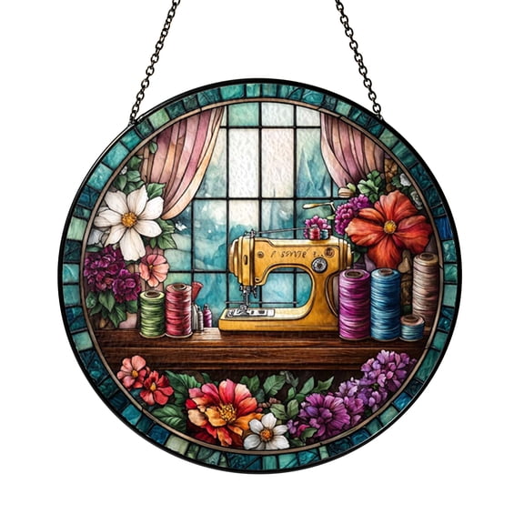 Classic Sewing Machine Stained Glass Window Hanging, Hobby Craft Decorative Suncatcher Panel, Sewing Room Home Accent Ornament Gift