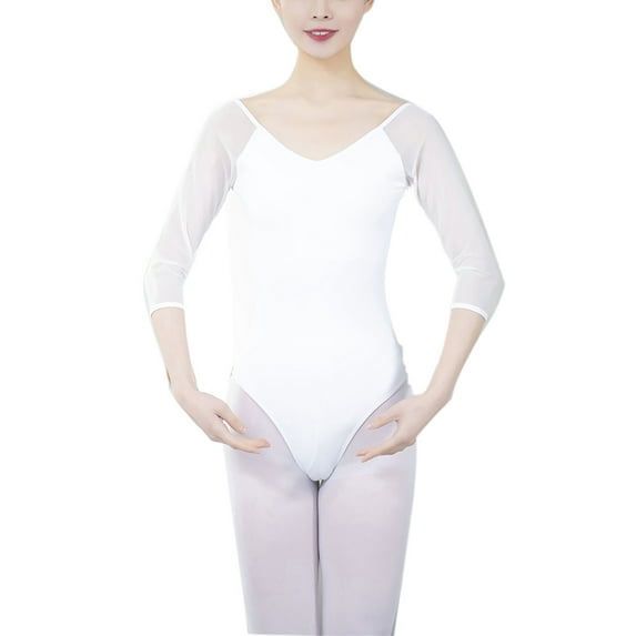 Classic Sheer Adult 3/4 Sleeve Leotard Top Ladies Workout Dancewear Bodysuit