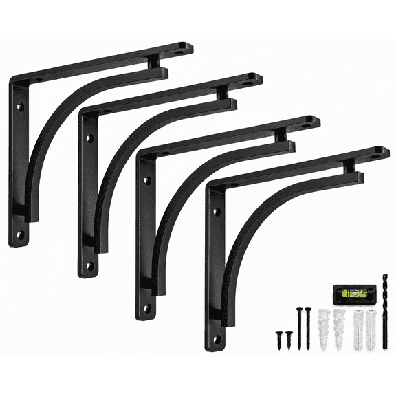 Classic Shelf Bracket Set by Balin Designs (Black) for 10 inch - 12 inch Mantel Shelves L Brackets – Heavy Duty Decorative Metal Supports – Easy Installation with Hardware Included - Set of 4