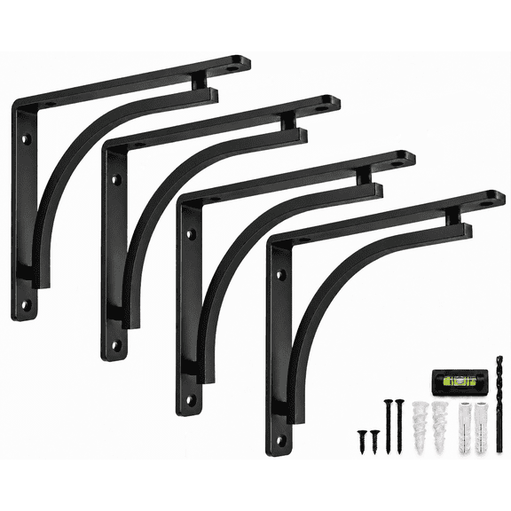 Classic Shelf Bracket Set by Balin Designs (Black) for 10 inch - 12 inch Mantel Shelves L Brackets – Heavy Duty Decorative Metal Supports – Easy Installation with Hardware Included - Set of 4