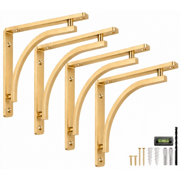 Classic Shelf Bracket Set by Balin Designs (Brass) for 8 inch - 10 inch Mantel Shelves L Brackets – Heavy Duty Decorative Gold Metal Supports – Easy Installation with Hardware Included - Set of 4