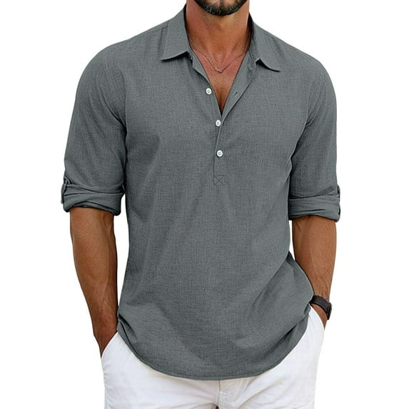 Classic Shirts Mens Linen Long Sleeve Button-Up Lapel Shirts Casual Summer Beach Shirt Grey XXXL