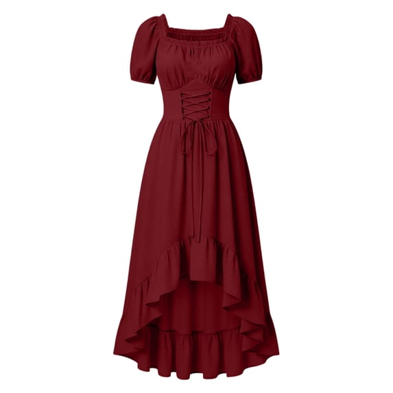 Classic Short Sleeve Ruffle Cinched Waist Halloween Night Outfit Look Vintage Dress Up Look Medieval Banquet Ball Gown Summer Renaissance Dress for Women