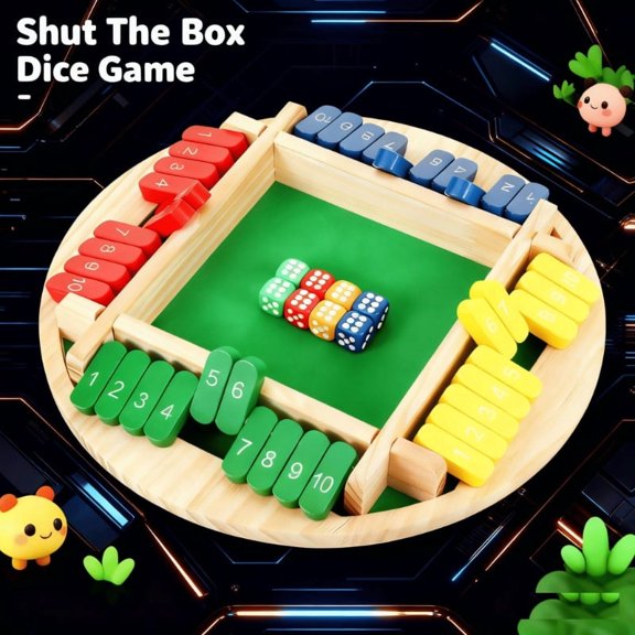 Classic Shut The Box Dice Game, 4-Player Wooden Tabletop Game with 8 Dice & 10 Numbers, Educational Math Strategy Game for Family & Parties, Perfect Board Game Gift for Adults