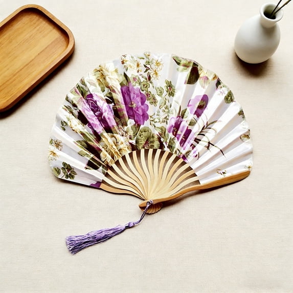 Classic Silk Folding Fan, Durable Bamboo Rib Hand Fan for Wedding Stage Photography Decor C
