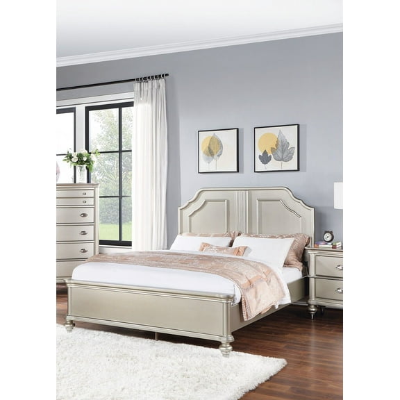Classic Silver Finish Queen Size Bed 1pc Bedframe Bedroom Furniture 2-Panel Design Elegant Carved Accents
