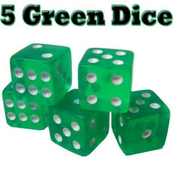 Classic Six-Sided Board Game d6 Pipped Dice, 16mm Green, 5-pack