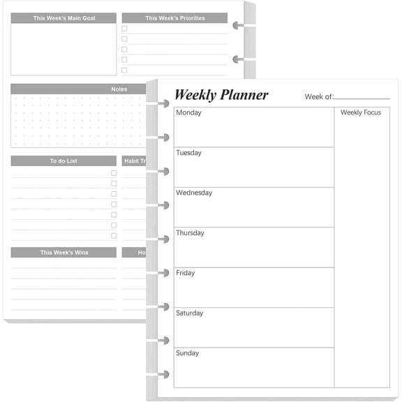 Classic Size Weekly - 9 Disc Weekly Planner Paper for Happy Planners Insert, 53 Sheets/106 Pages, 100gsm White Paper, Lasts 1 Year, Undated, 7" x 9.25", Black