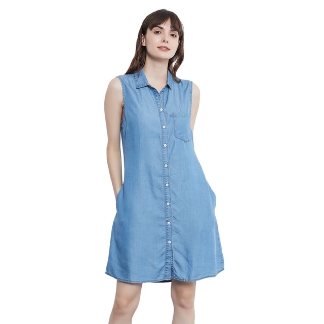 Classic Sleeveless Blue Jean Button Down Denim Pocket Collar Shirt