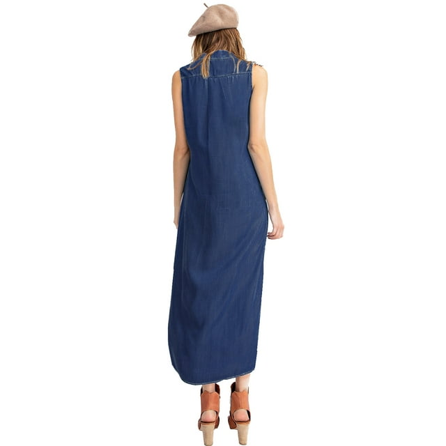 Classic Sleeveless Blue Jean Button Down Denim Pocket Collar Shirt