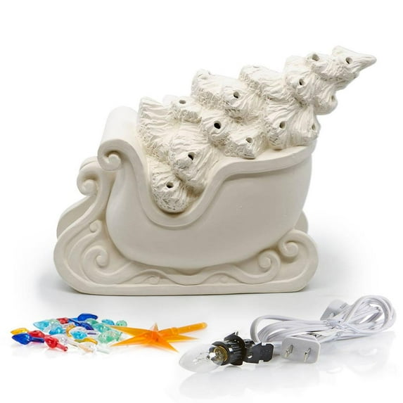 Classic Sleigh & Tree 9L x 7H Paint Your Own Pottery Ceramic Bisque, Ready To Paint, Craft Kit