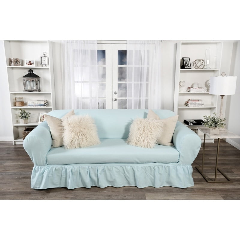 Classic Slipcovers Washed cotton Ruffled 2 piece loveseat slipcover Blue
