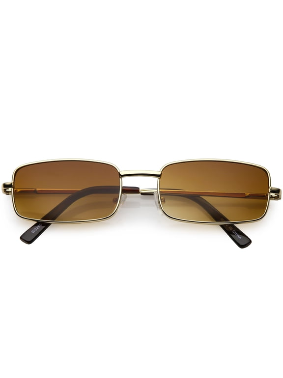 Classic Small Metal Rectangle Sunglasses Neutral Colored Flat Lens 54mm (Gold / Amber)