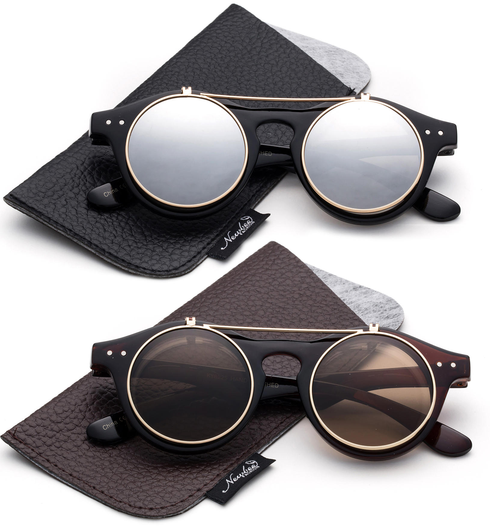 Classic Small Retro Steampunk Circle Flip Up Glasses / Sunglasses Cool Retro New Model-2 Pairs w/Pouch - image 1 of 1