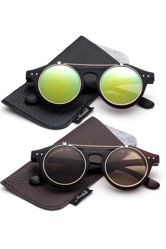 Classic Small Retro Steampunk Circle Flip Up Glasses / Sunglasses Cool Retro New Model-2 Pairs w/Pouch