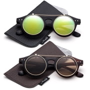 Classic Small Retro Steampunk Circle Flip Up Glasses / Sunglasses Cool Retro New Model-2 Pairs w/Pouch