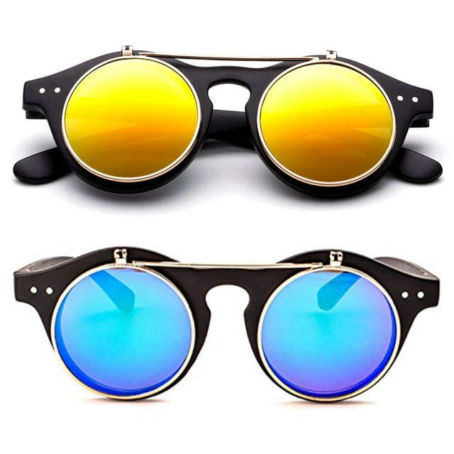 Classic Small Retro Steampunk Circle Flip Up Glasses / Sunglasses Cool Retro New Model-2 Pairs
