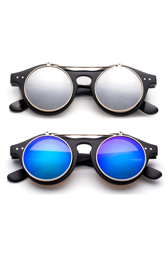 Classic Small Retro Steampunk Circle Flip Up Glasses / Sunglasses Cool Retro New Model-2 Pairs