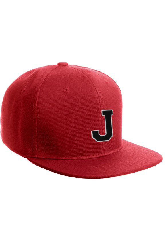 Classic Snapback Hat Custom A to Z Initial Letter Flat Bill, Red Cap White Black Letter Initial J