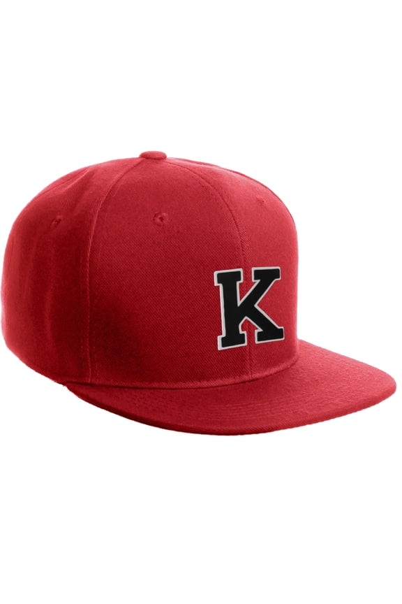 Classic Snapback Hat Custom A to Z Initial Letter Flat Bill, Red Cap White Black Letter Initial K