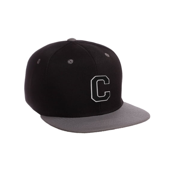 Classic Snapback Hat Custom A to Z Initial Letters, Black Charcoal Cap Wht Blk Letter Initial C