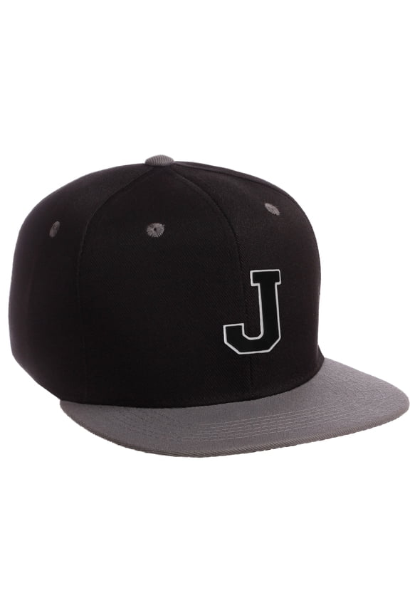 Classic Snapback Hat Custom A to Z Initial Letters, Black Charcoal Cap Wht Blk Letter Initial J