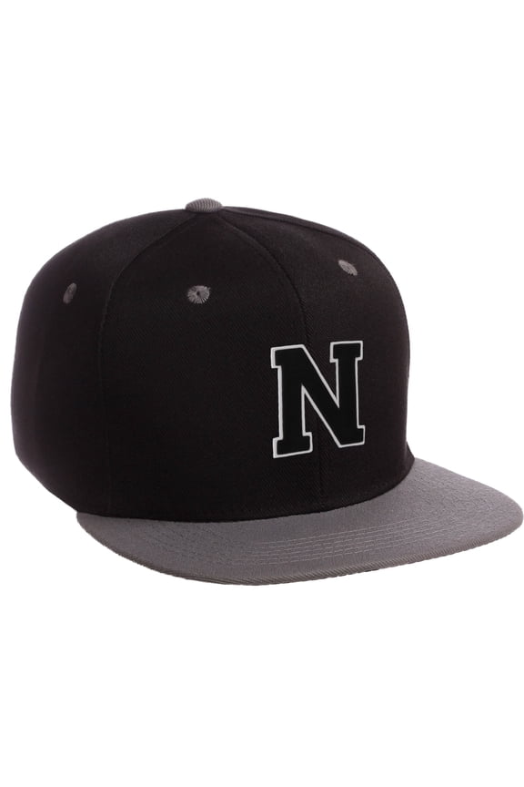 Classic Snapback Hat Custom A to Z Initial Letters, Black Charcoal Cap Wht Blk Letter Initial N