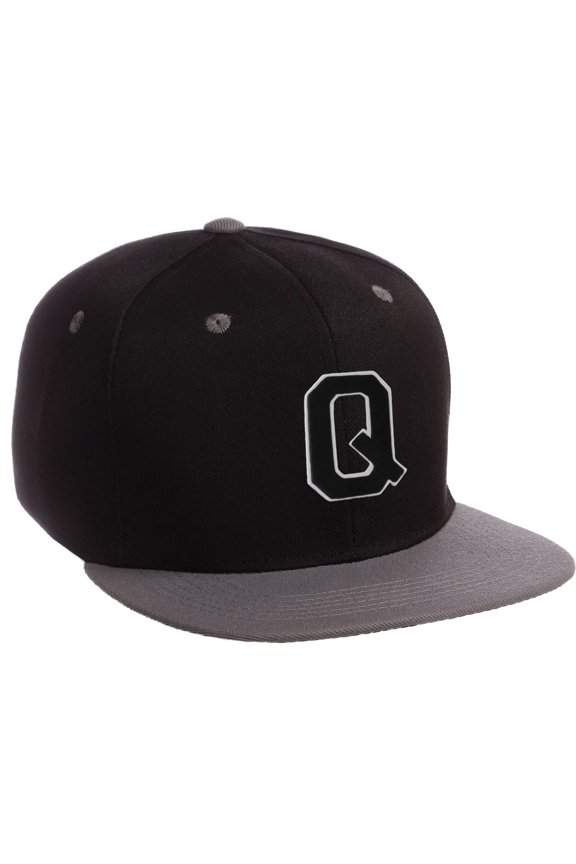 Classic Snapback Hat Custom A to Z Initial Letters, Black Charcoal Cap Wht Blk Letter Initial Q