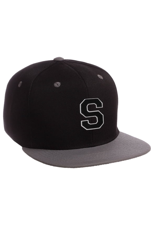 Classic Snapback Hat Custom A to Z Initial Letters, Black Charcoal Cap Wht Blk Letter Initial S