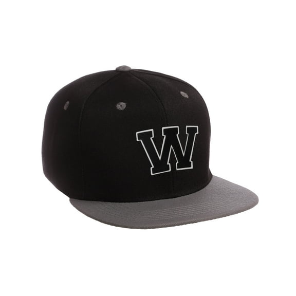 Classic Snapback Hat Custom A to Z Initial Letters, Black Charcoal Cap Wht Blk Letter Initial W