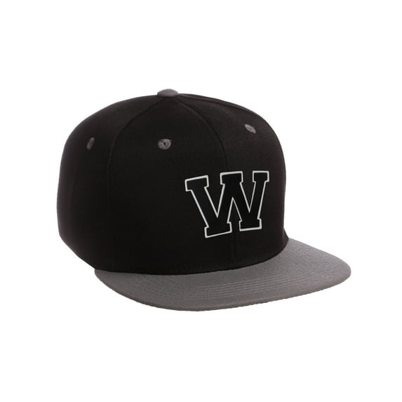 Classic Snapback Hat Custom A to Z Initial Letters, Black Charcoal Cap Wht Blk Letter Initial W