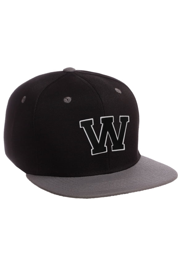 Classic Snapback Hat Custom A to Z Initial Letters, Black Charcoal Cap Wht Blk Letter Initial W