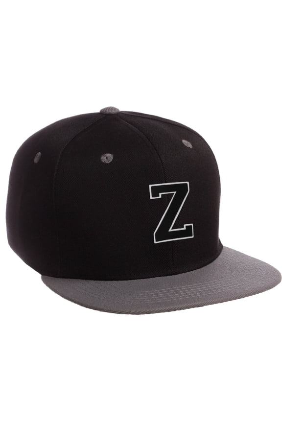 Classic Snapback Hat Custom A to Z Initial Letters, Black Charcoal Cap Wht Blk Letter Initial Z