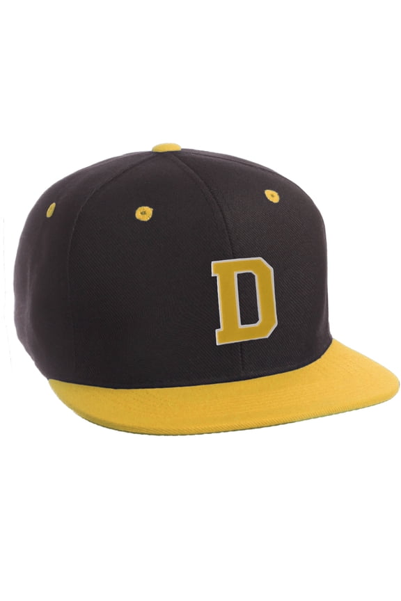 Classic Snapback Hat Custom A to Z Initial Letters, Black Gold Cap White Gold Letter Initial D