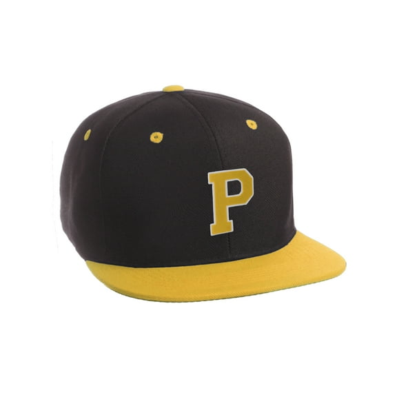 Classic Snapback Hat Custom A to Z Initial Letters, Black Gold Cap White Gold Letter Initial P