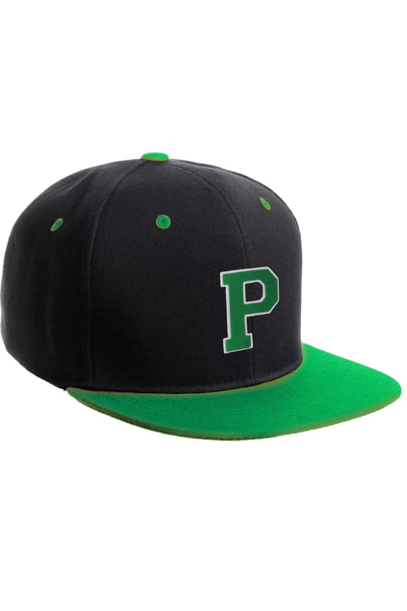 Classic Snapback Hat Custom A to Z Initial Letters, Black Green Cap White Green Letter Initial P
