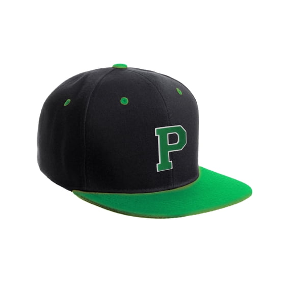 Classic Snapback Hat Custom A to Z Initial Letters, Black Green Cap White Green Letter Initial P