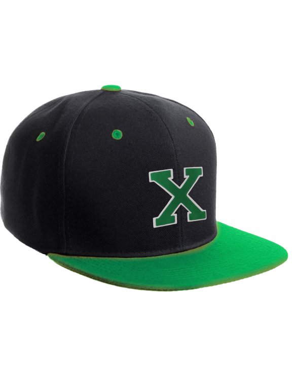Classic Snapback Hat Custom A to Z Initial Letters, Black Green Cap White Green Letter Initial X