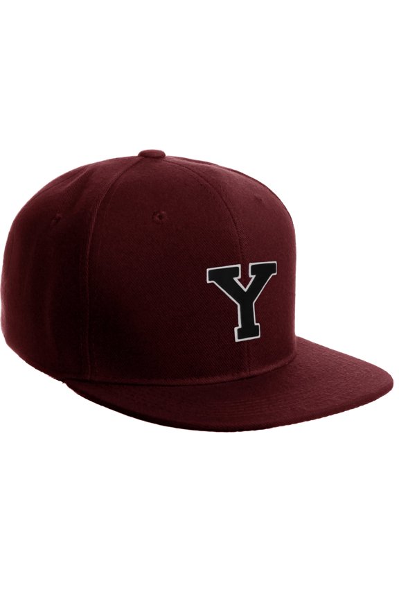 Classic Snapback Hat Custom A to Z Initial Letters, Burgundy Cap White Black Letter Initial Y