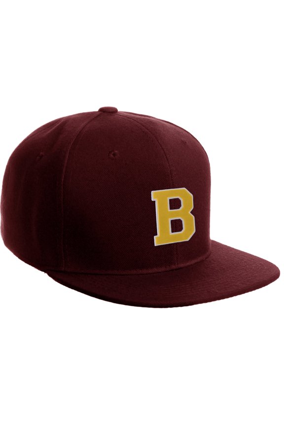 Classic Snapback Hat Custom A to Z Initial Letters, Burgundy Cap White Gold Letter Initial B