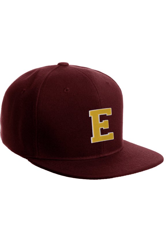 Classic Snapback Hat Custom A to Z Initial Letters, Burgundy Cap White Gold Letter Initial E
