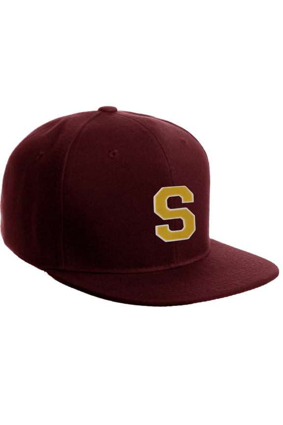 Classic Snapback Hat Custom A to Z Initial Letters, Burgundy Cap White Gold Letter Initial S