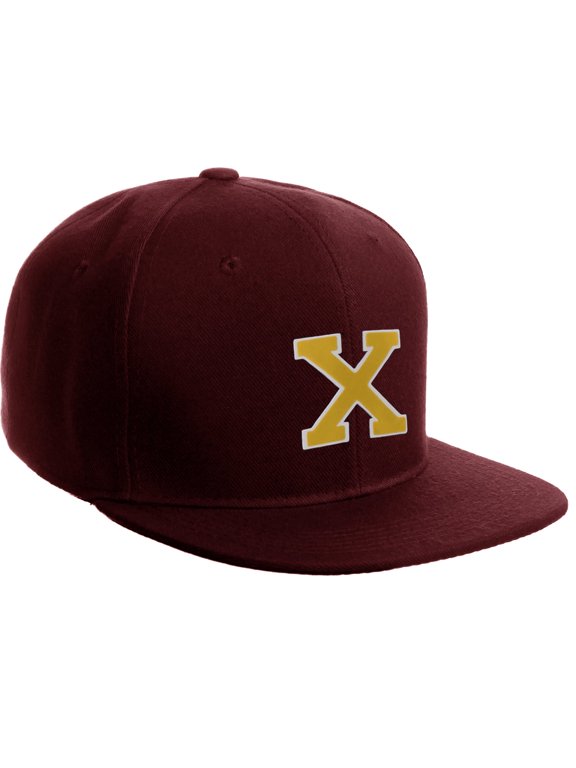 Classic Snapback Hat Custom A to Z Initial Letters, Burgundy Cap White Gold Letter Initial X