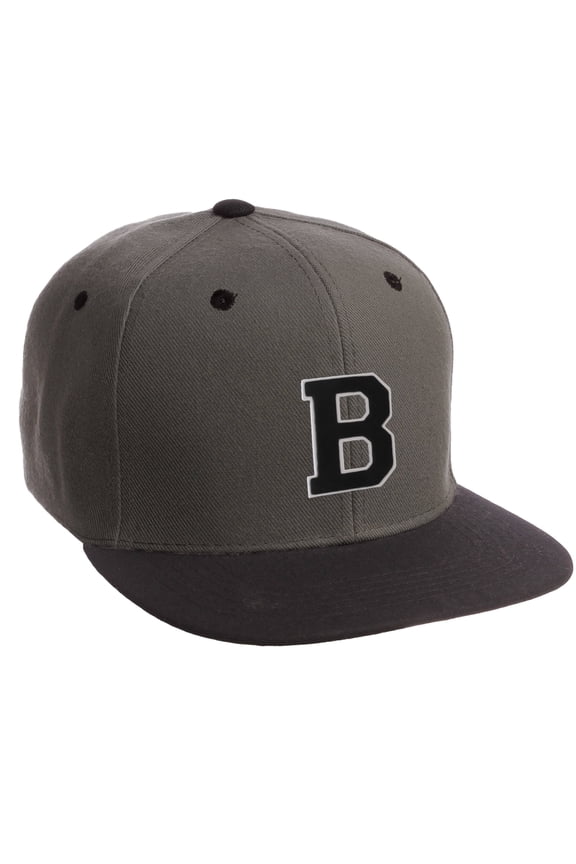 Classic Snapback Hat Custom A to Z Initial Letters, Charcoal Black Cap Wht Blk Letter Initial B