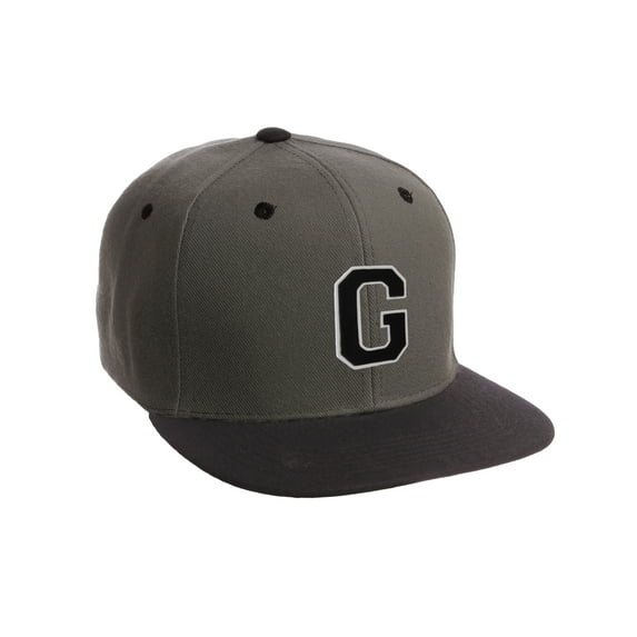 Classic Snapback Hat Custom A to Z Initial Letters, Charcoal Black Cap Wht Blk Letter Initial G