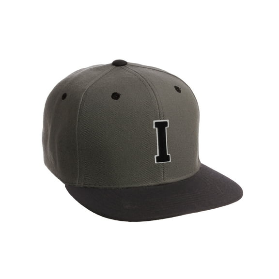 Classic Snapback Hat Custom A to Z Initial Letters, Charcoal Black Cap Wht Blk Letter Initial I