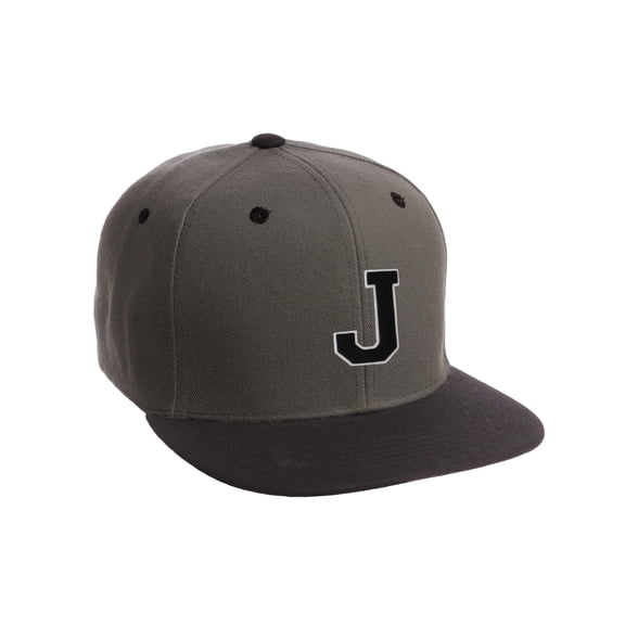 Classic Snapback Hat Custom A to Z Initial Letters, Charcoal Black Cap Wht Blk Letter Initial J
