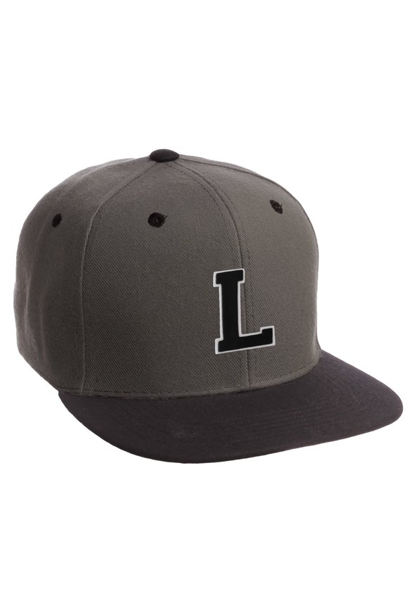 Classic Snapback Hat Custom A to Z Initial Letters, Charcoal Black Cap Wht Blk Letter Initial L