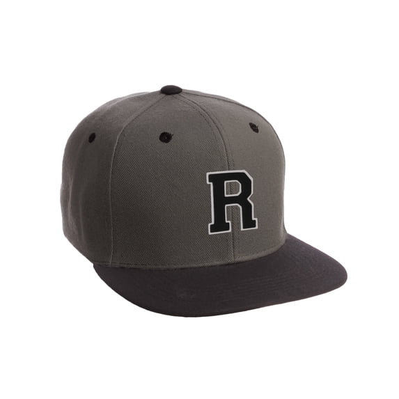 Classic Snapback Hat Custom A to Z Initial Letters, Charcoal Black Cap Wht Blk Letter Initial R