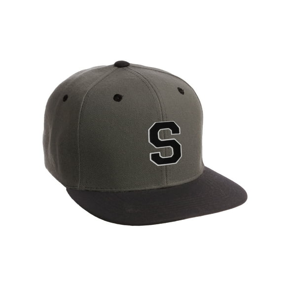 Classic Snapback Hat Custom A to Z Initial Letters, Charcoal Black Cap Wht Blk Letter Initial S